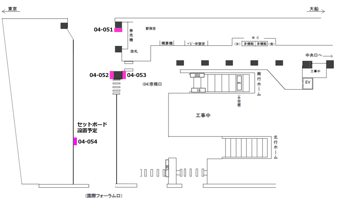 JR有楽町駅 コンコース（京橋口） 新設駅看板の位置図です
