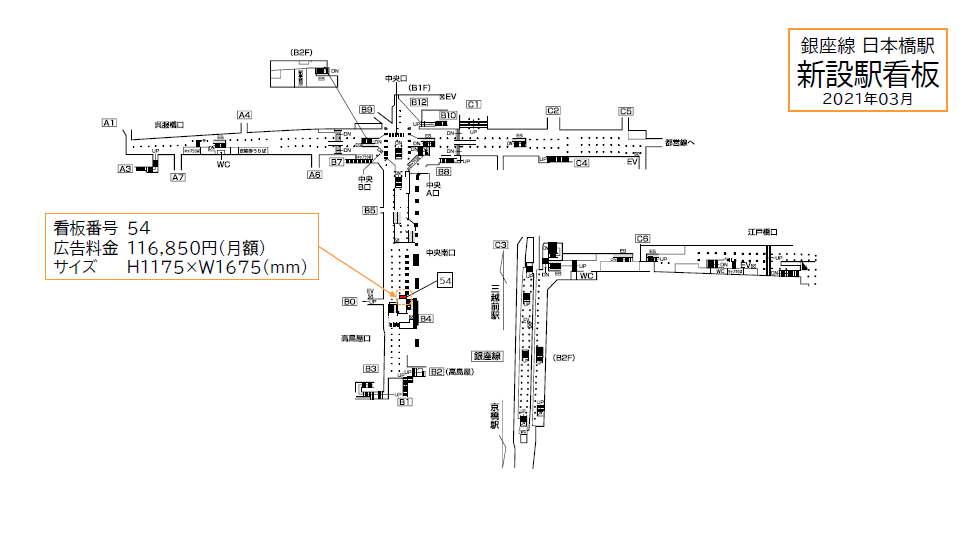 日本橋駅の構内に設置された新設駅看板の位置図1です